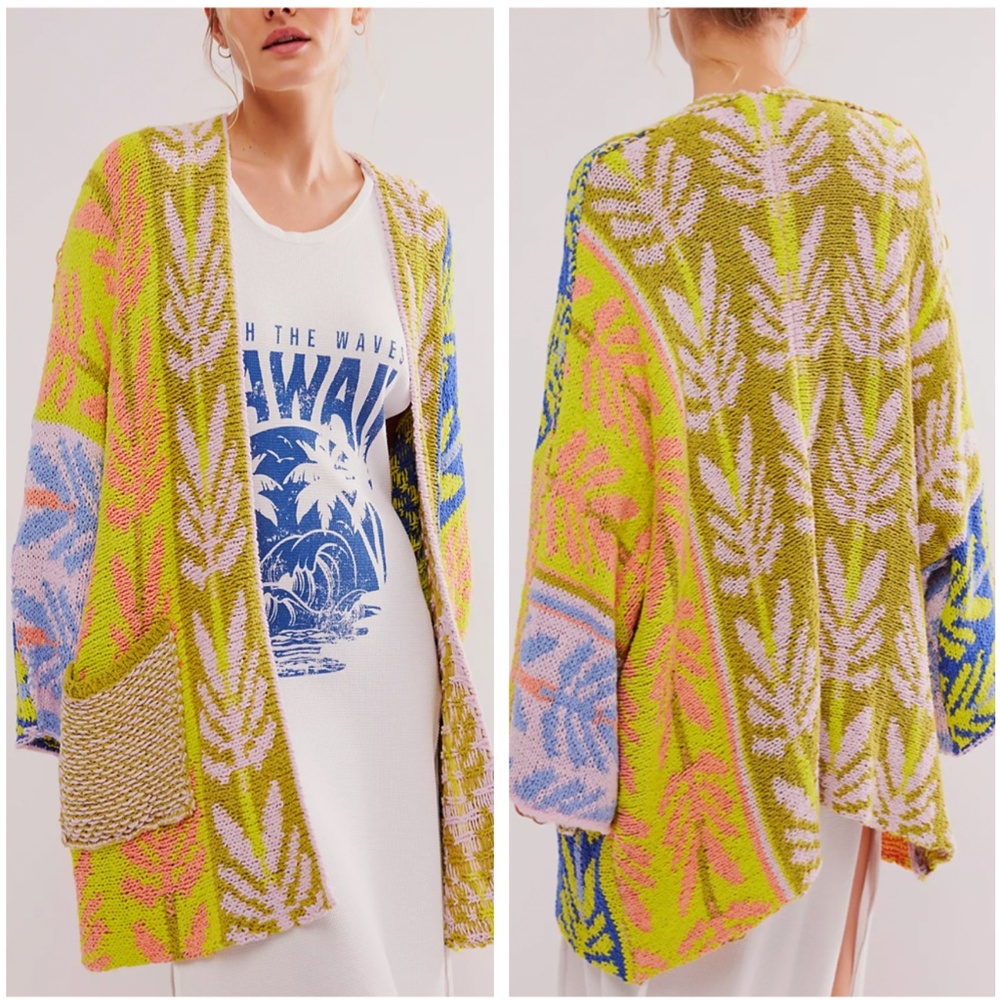 Free People Vibrant Knit Cardigan in Yellow and Blue